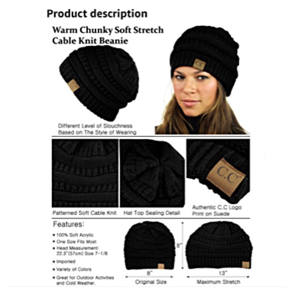 C.C CLASSIC CABLE KNIT BEANIE Women’s Warm Black Chunky Stretch Skully OSFM! - Picture 6 of 9